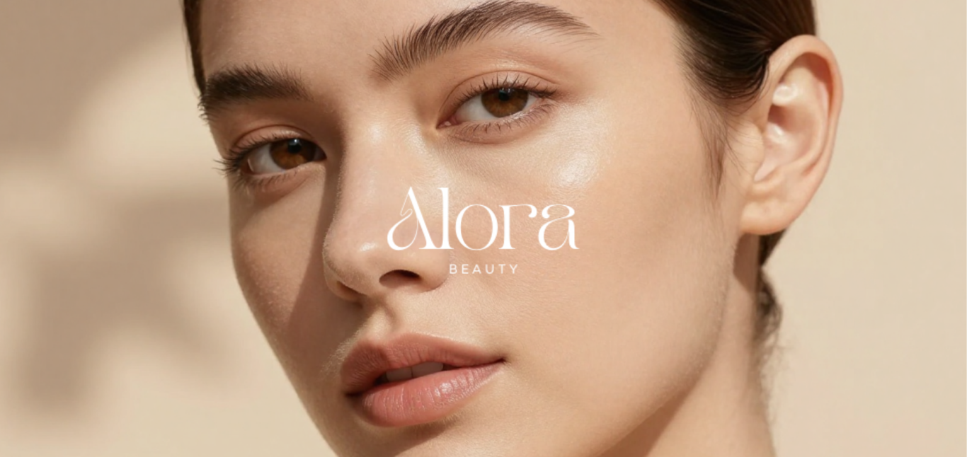 Logo von Alora Beauty mit elegantem Schriftzug auf hellem Hintergrund und Schatteneffekten.
